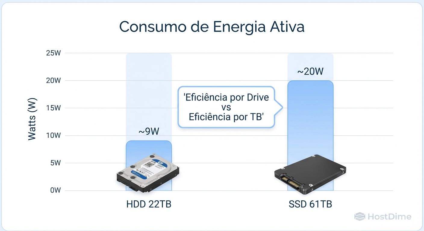 Fig 3. O paradoxo energético: SSDs densos consomem mais pico individualmente, mas ganham na densidade total.