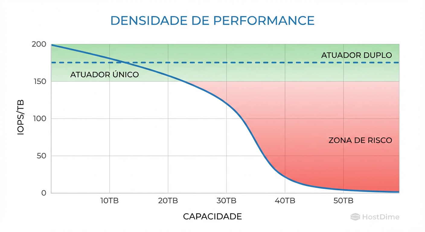 Fig. 1: O colapso de performance (IOPS/TB) em discos de alta densidade sem atuadores duplos.
