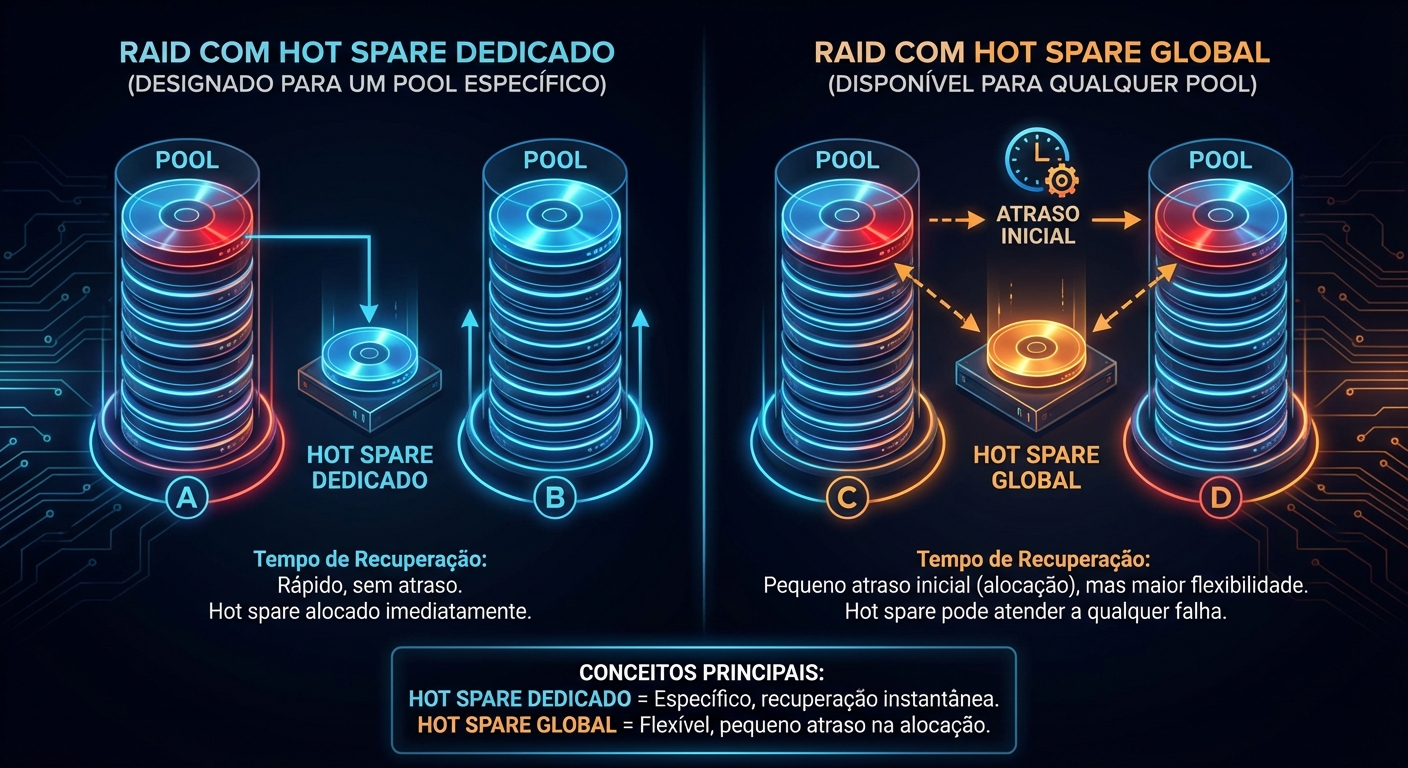 Diagrama: Hot spare dedicado vs global: estratégia correta