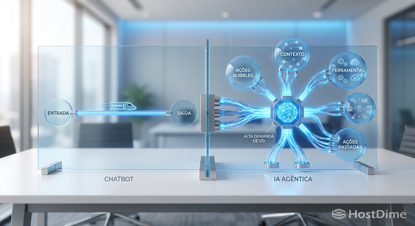 Comparativo visual entre o fluxo linear de um Chatbot e a complexidade de acesso à memória de uma IA Agêntica.