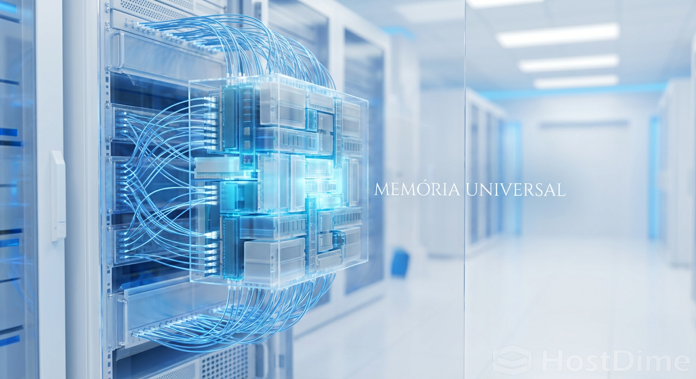 Visualização futurista de um rack de servidores onde cabos ópticos unem módulos de memória e bancos de SSD em um único bloco unificado de dados, representando a Memória Universal.