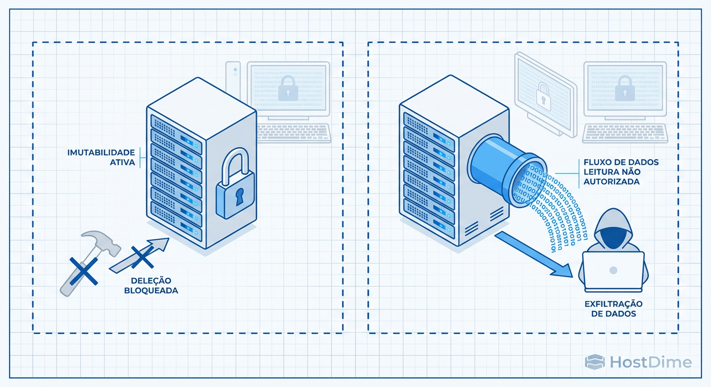 Diagrama ilustrando a falha lógica: A imutabilidade bloqueia a destruição, mas permite o fluxo de saída (exfiltração) se não houver criptografia adicional.