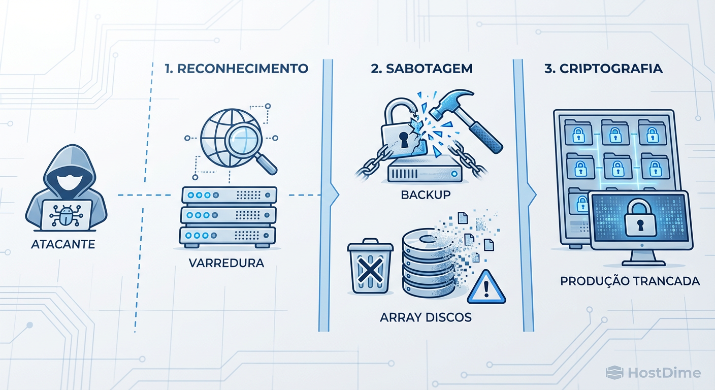 O fluxo de ataque moderno prioriza a destruição da infraestrutura de recuperação antes da execução do payload de criptografia.