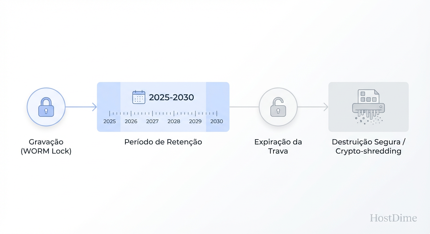 Figura 3: O ciclo de vida da política de retenção, desde o bloqueio WORM até a destruição segura (Sanitização) pós-expiração.