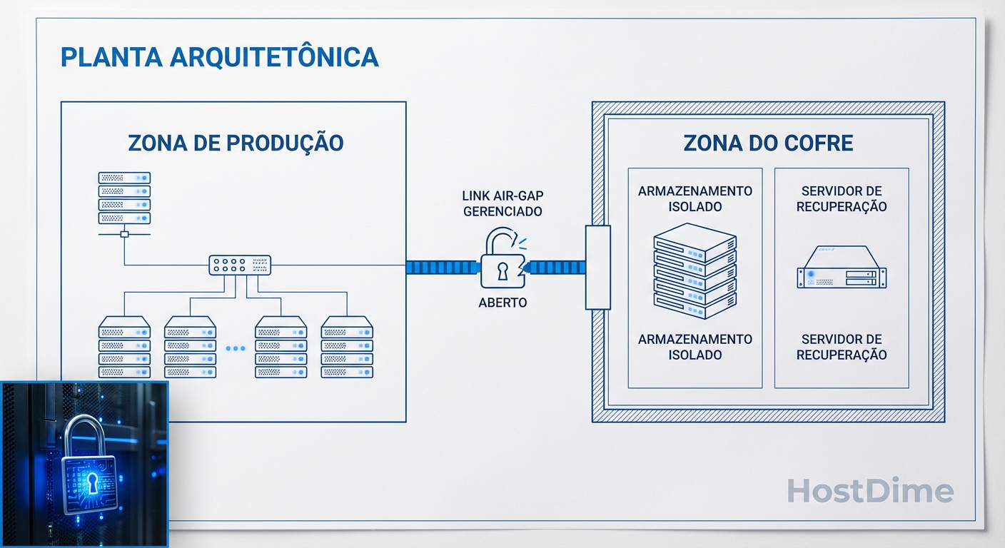 Arquitetura de um Cyber Recovery Vault, demonstrando o isolamento físico (air-gap) e o sentido da conexão para proteção máxima.
