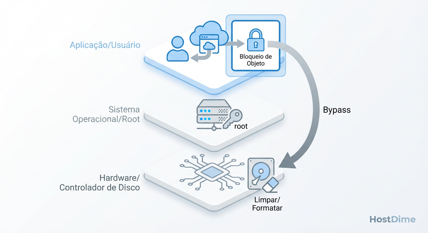 Diagrama ilustrando como o acesso Root contorna a imutabilidade lógica, atuando diretamente na camada de volume e hardware.
