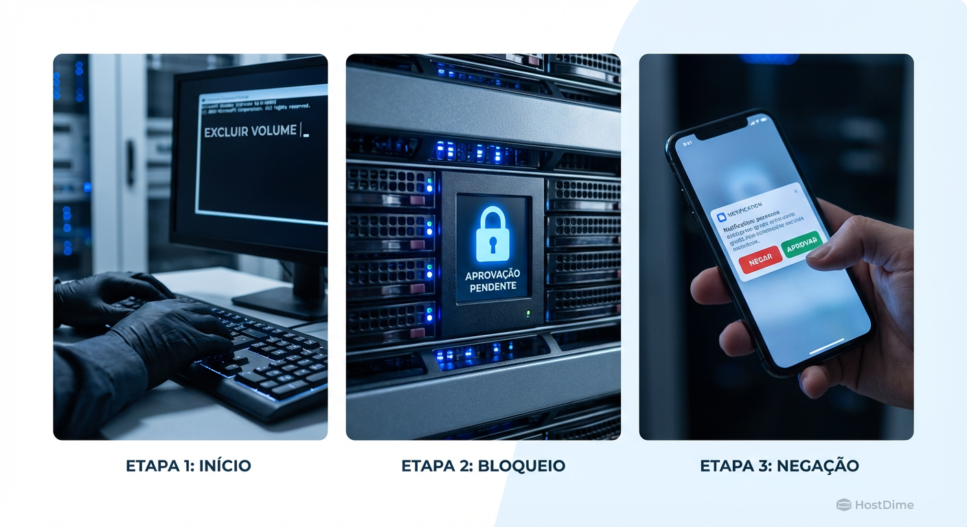 Fluxo de trabalho da Autorização Multiparte (MPA), onde uma ação destrutiva iniciada por um admin requer aprovação externa para ser executada.