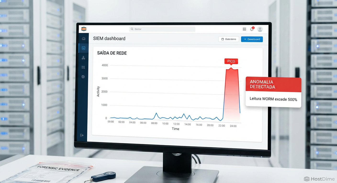 Dashboard de monitoramento exibindo um pico anômalo de tráfego de saída (egress) em um repositório de backup, indicando exfiltração.