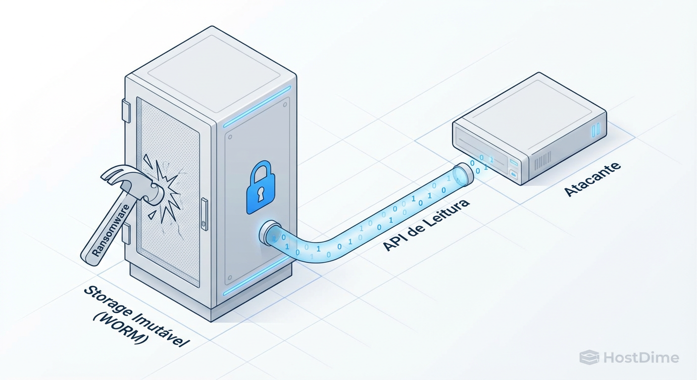 Diagrama ilustrando que a imutabilidade bloqueia a destruição, mas permite o fluxo de saída (exfiltração) via APIs de leitura legítimas.
