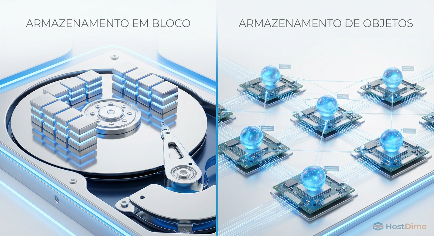 Diferença estrutural: Bloco (Linux XFS) vs Objeto (S3). O Object Storage adiciona metadados ricos e distribuição, mas insere latência na equação.