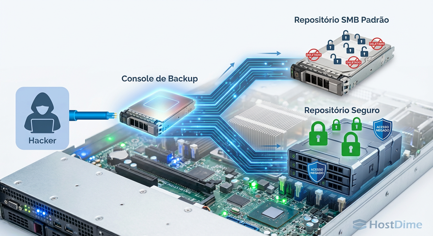 O fluxo de ataque moderno: enquanto repositórios padrão obedecem comandos de deleção, repositórios imutáveis rejeitam a instrução mesmo vinda de administradores.