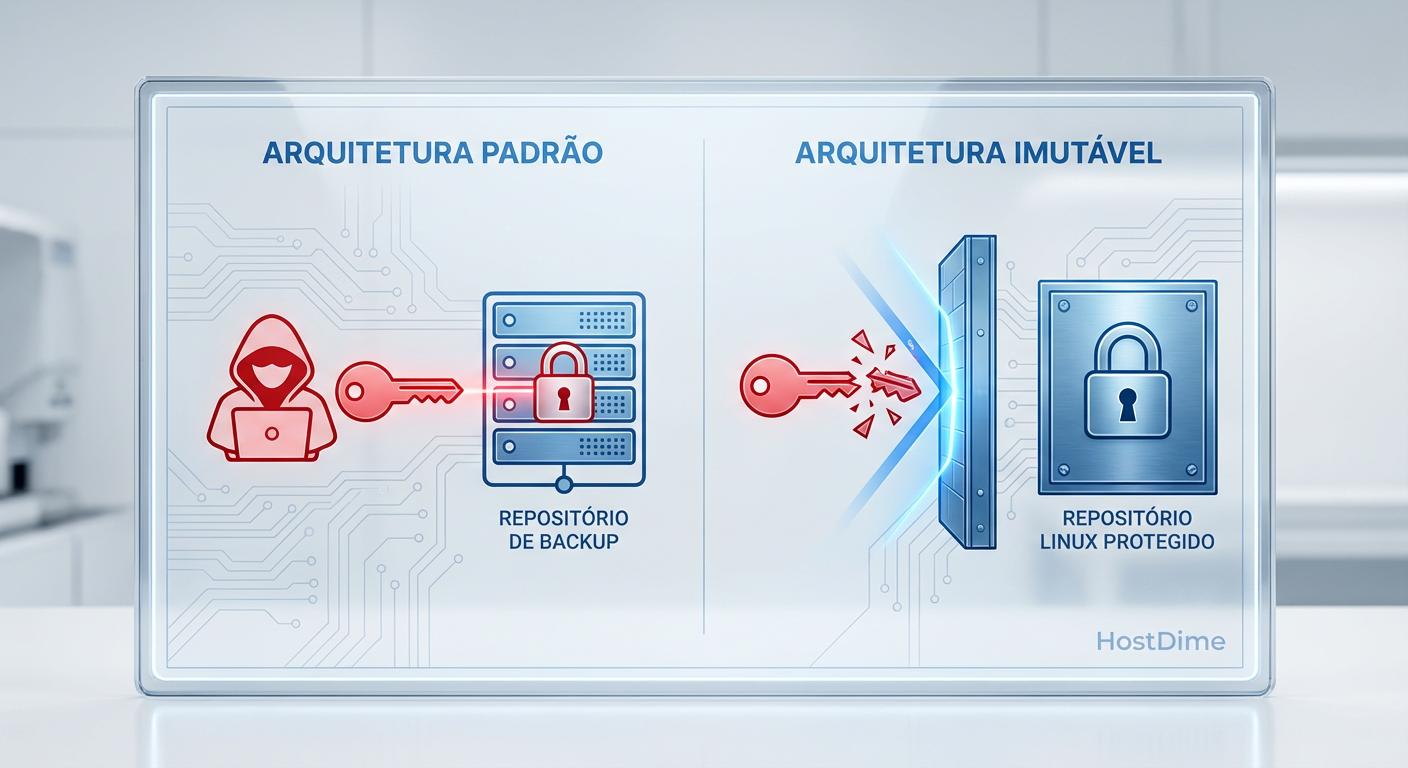 Comparativo visual: A vulnerabilidade de repositórios padrão versus a barreira física lógica de um Repositório Linux Endurecido.