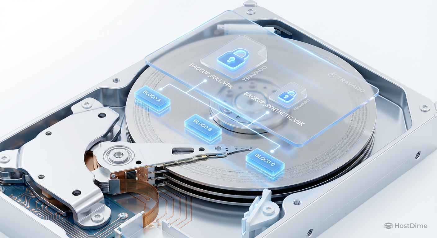 Visualização da tecnologia XFS Reflink: Múltiplos arquivos de backup apontando para os mesmos blocos físicos no disco, protegidos por cadeados de imutabilidade.