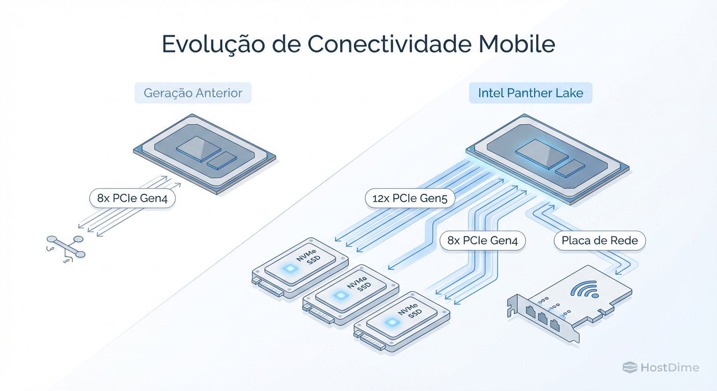 Fig. 1: O salto na contagem de pistas PCIe do Panther Lake abre portas para arranjos NVMe complexos em formatos compactos.