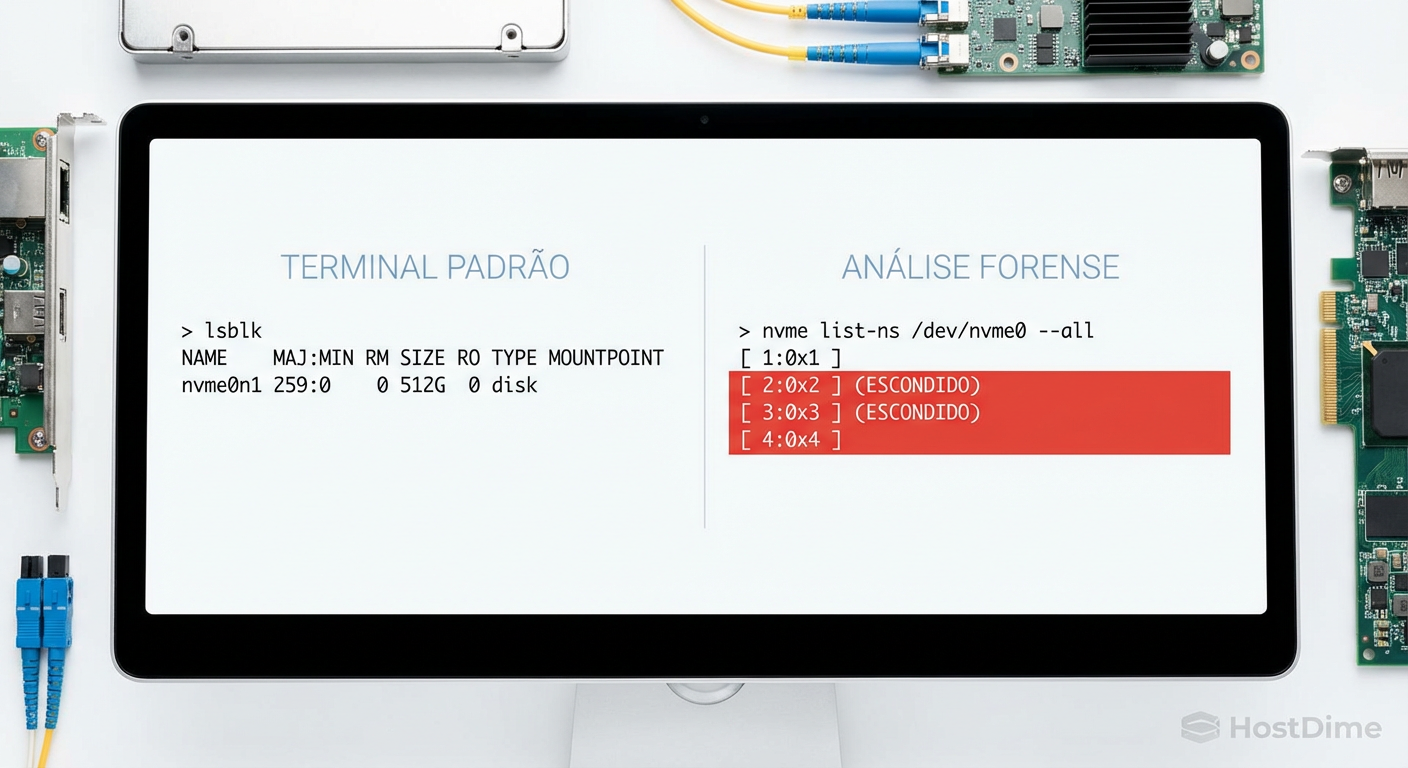 Comparação de saída de terminal: ferramentas padrão mostrando apenas um disco versus o comando nvme-cli revelando múltiplos namespaces ocultos na mesma controladora.