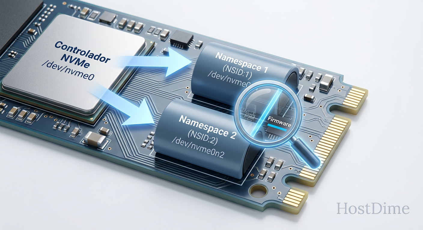 Diagrama arquitetural ilustrando como uma única Controladora NVMe gerencia múltiplos Namespaces isolados, apresentando-os como dispositivos lógicos distintos ao sistema operacional.