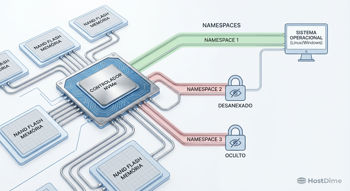 Arquitetura lógica de um SSD NVMe: enquanto o Namespace 1 é visível ao OS, os Namespaces 2 e 3 permanecem ocultos e inacessíveis sem comandos administrativos específicos.