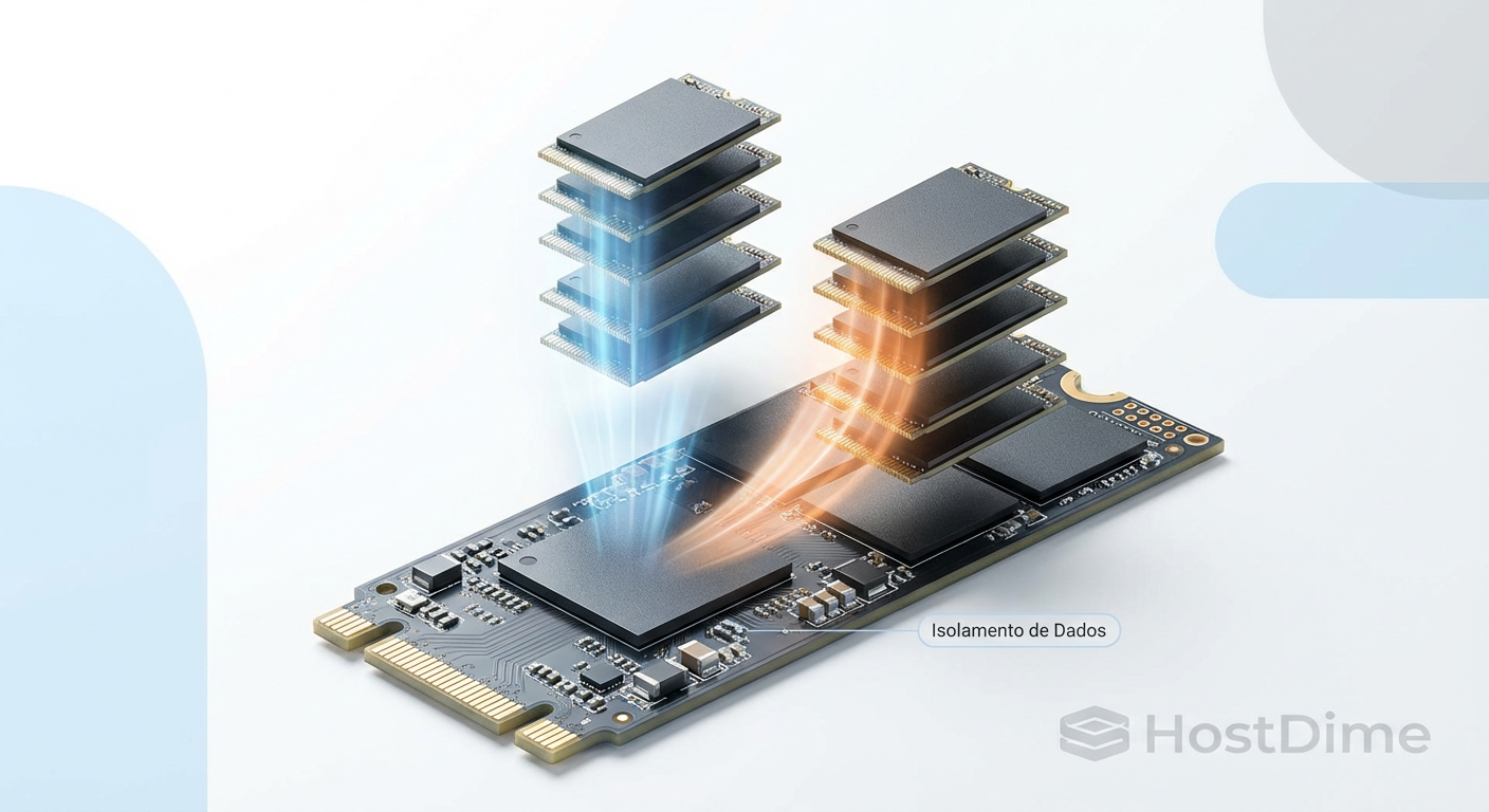 Visualização de NVM Sets: caminhos de dados isolados fisicamente dentro do SSD, onde diferentes namespaces ocupam chips de memória distintos.