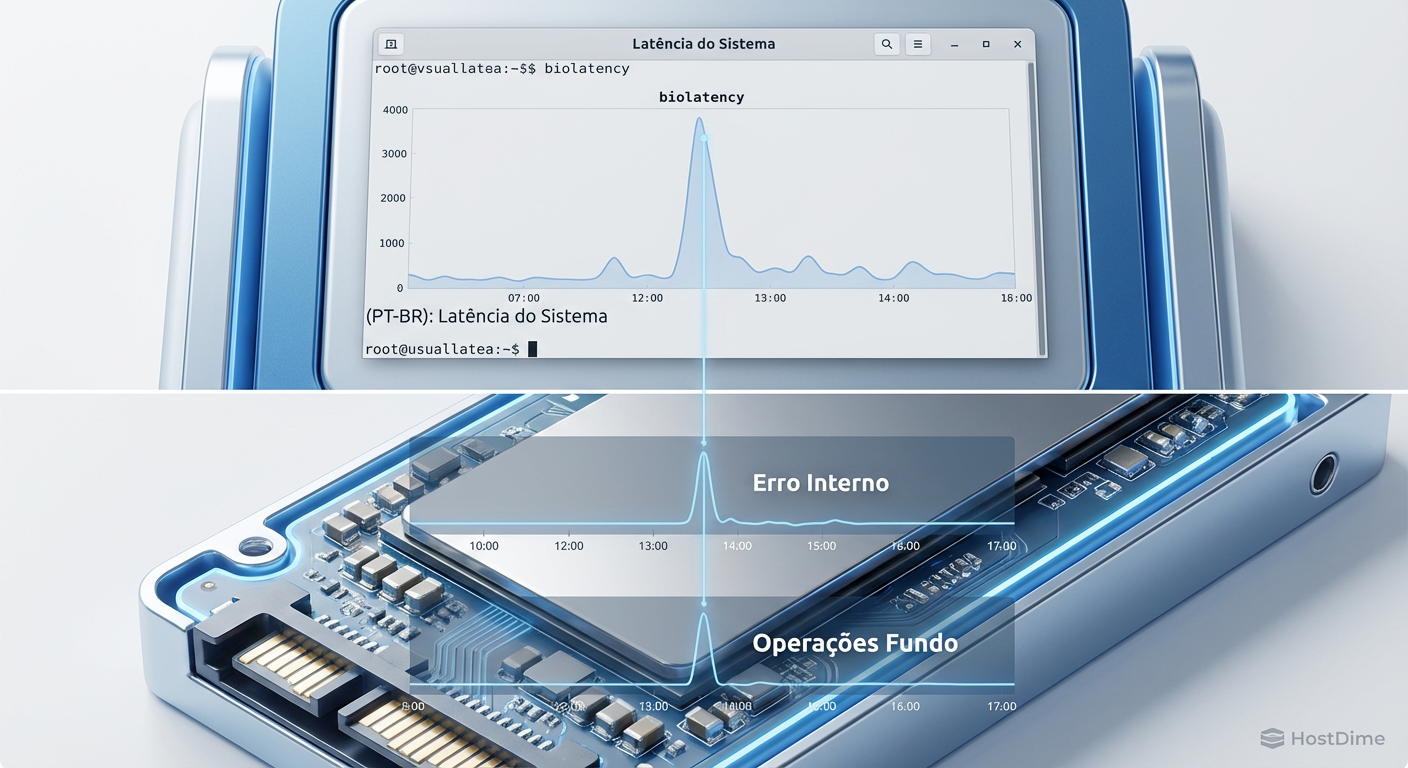 A prova final: O alinhamento perfeito entre o pico de latência visto pelo Kernel e a atividade de manutenção interna registrada pelo firmware do SSD.