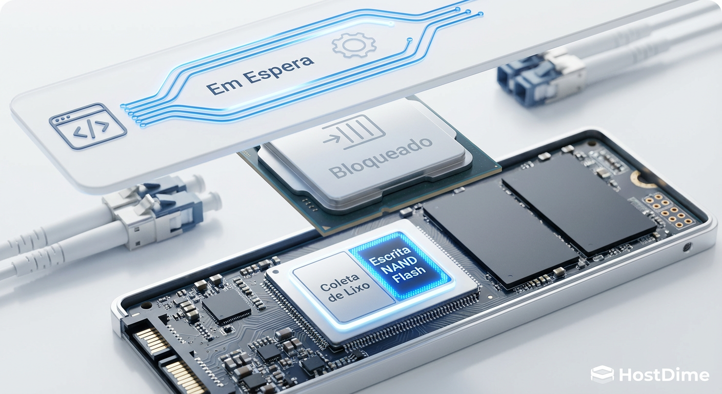 O ciclo de vida de um I/O bloqueado: Enquanto a aplicação espera, o controlador do SSD está ocupado com tarefas de manutenção interna invisíveis ao sistema operacional.