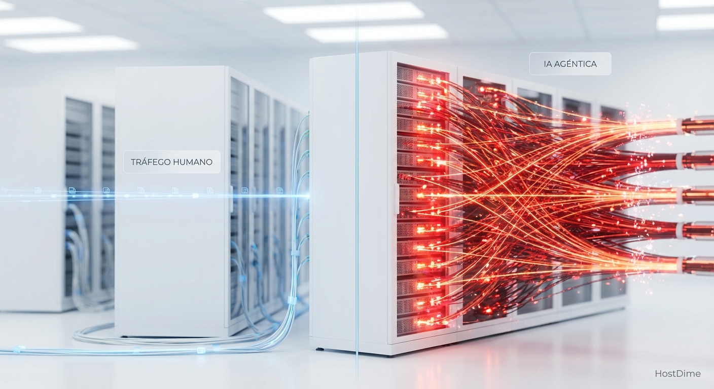 Comparação visual entre o tráfego de dados humano e a tempestade de I/O gerada por agentes de IA