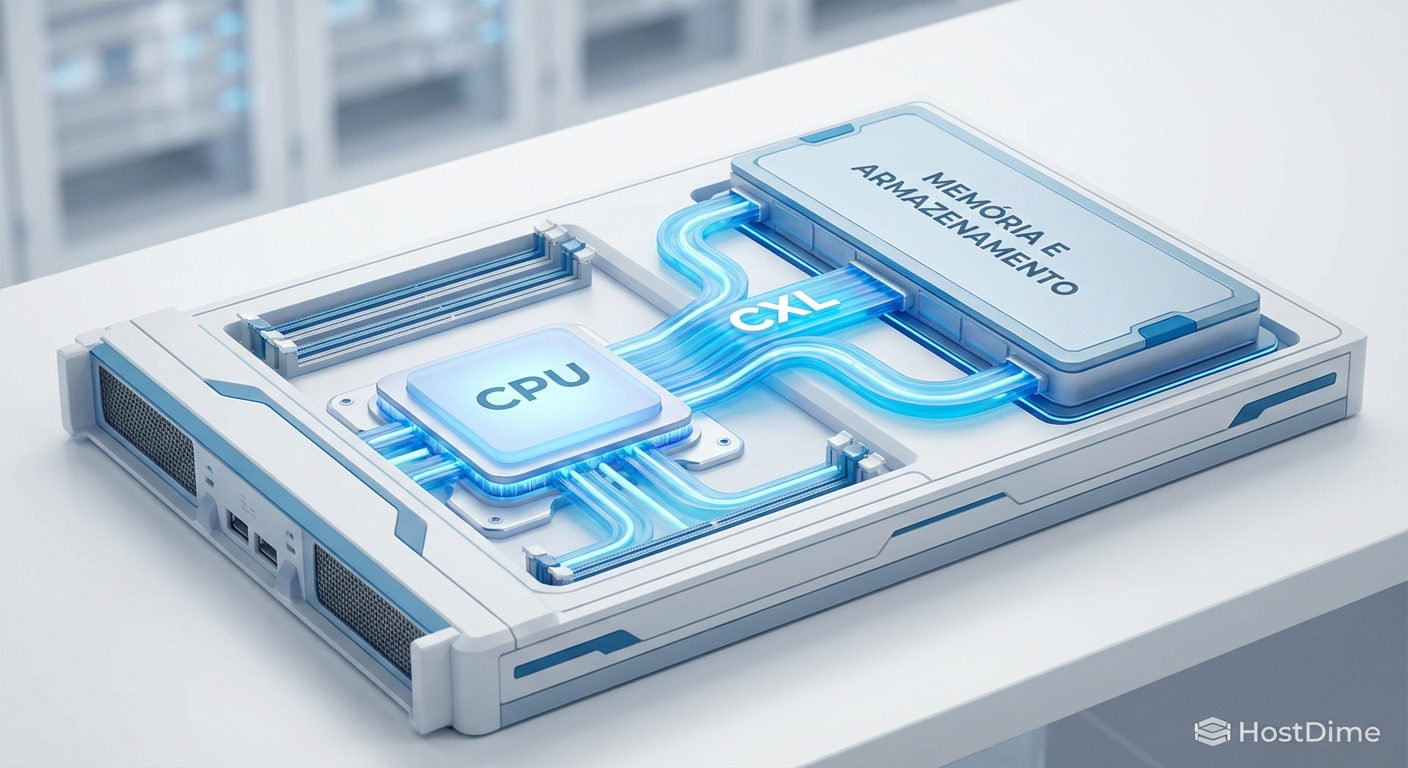 Diagrama conceitual da arquitetura CXL unificando memória RAM e armazenamento NVMe