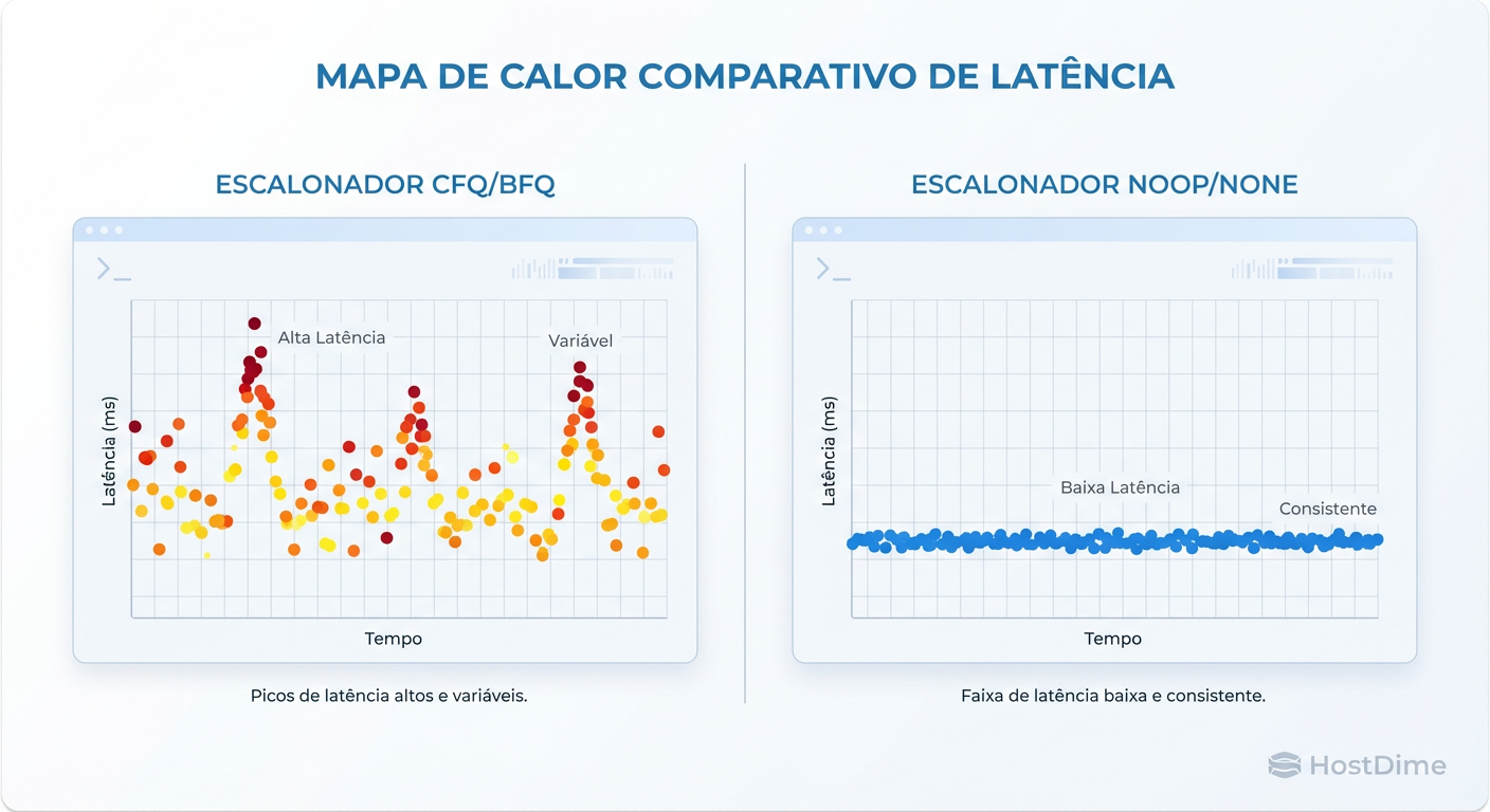 Comparativo de Latência (Heatmap): Scheduler Complexo vs. Pass-through (None). Observe a consistência na direita.