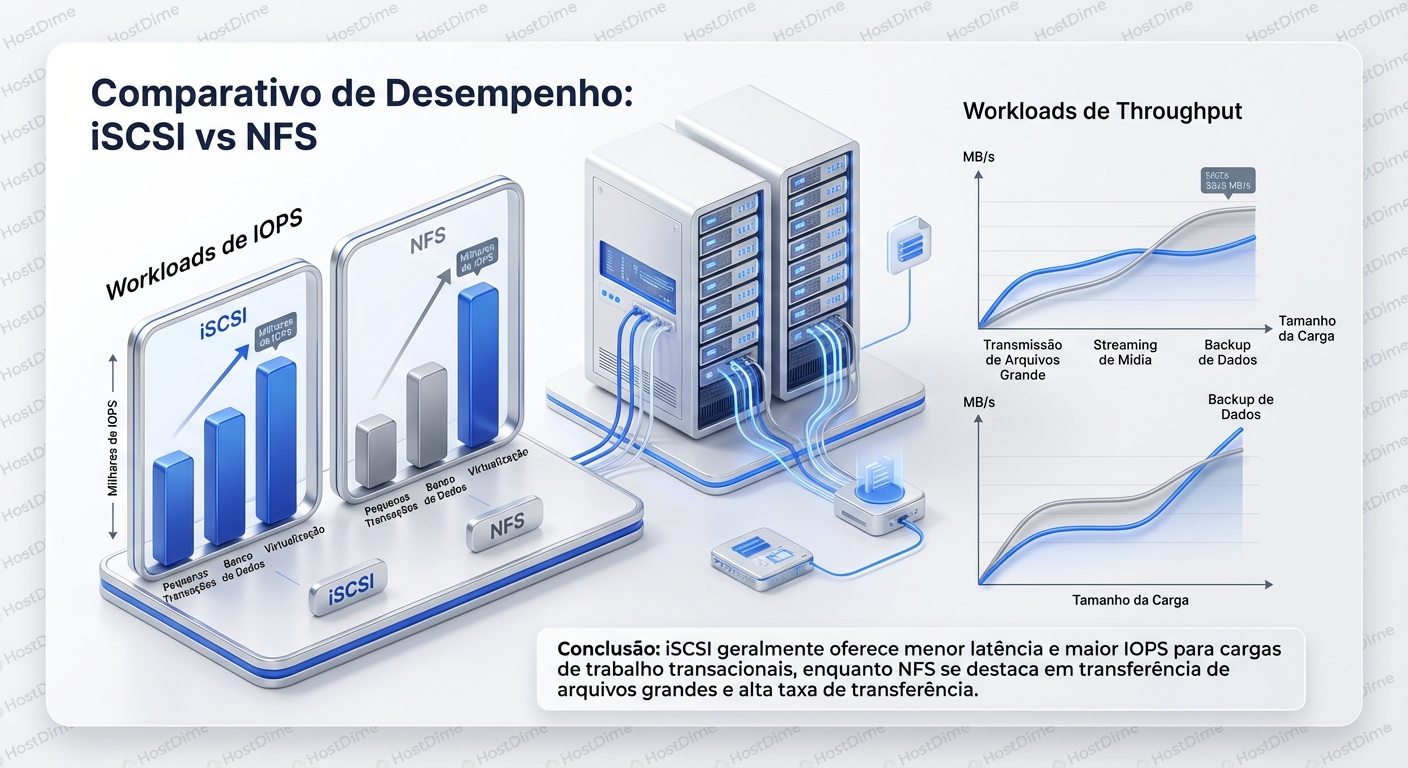 Performance comparativa: iSCSI vs NFS em diferentes workloads (IOPS e Throughput).