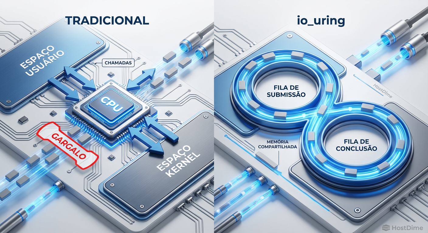 Comparação visual: O tráfego intenso de syscalls no modelo tradicional versus o fluxo contínuo dos anéis compartilhados no io_uring.