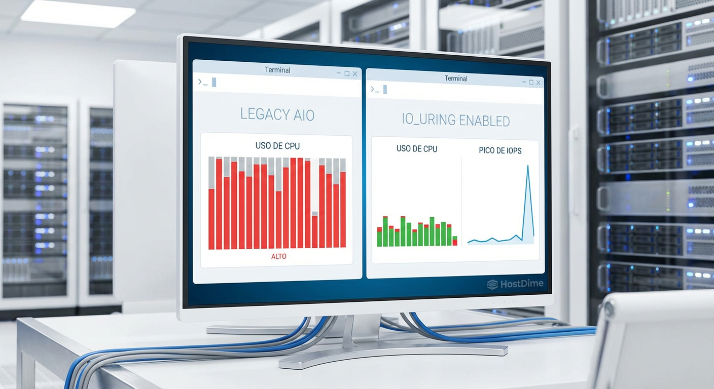 Painel de monitoramento: Comparativo lado a lado do htop mostrando a queda drástica do uso de CPU (System Time) ao migrar de AIO para io_uring.