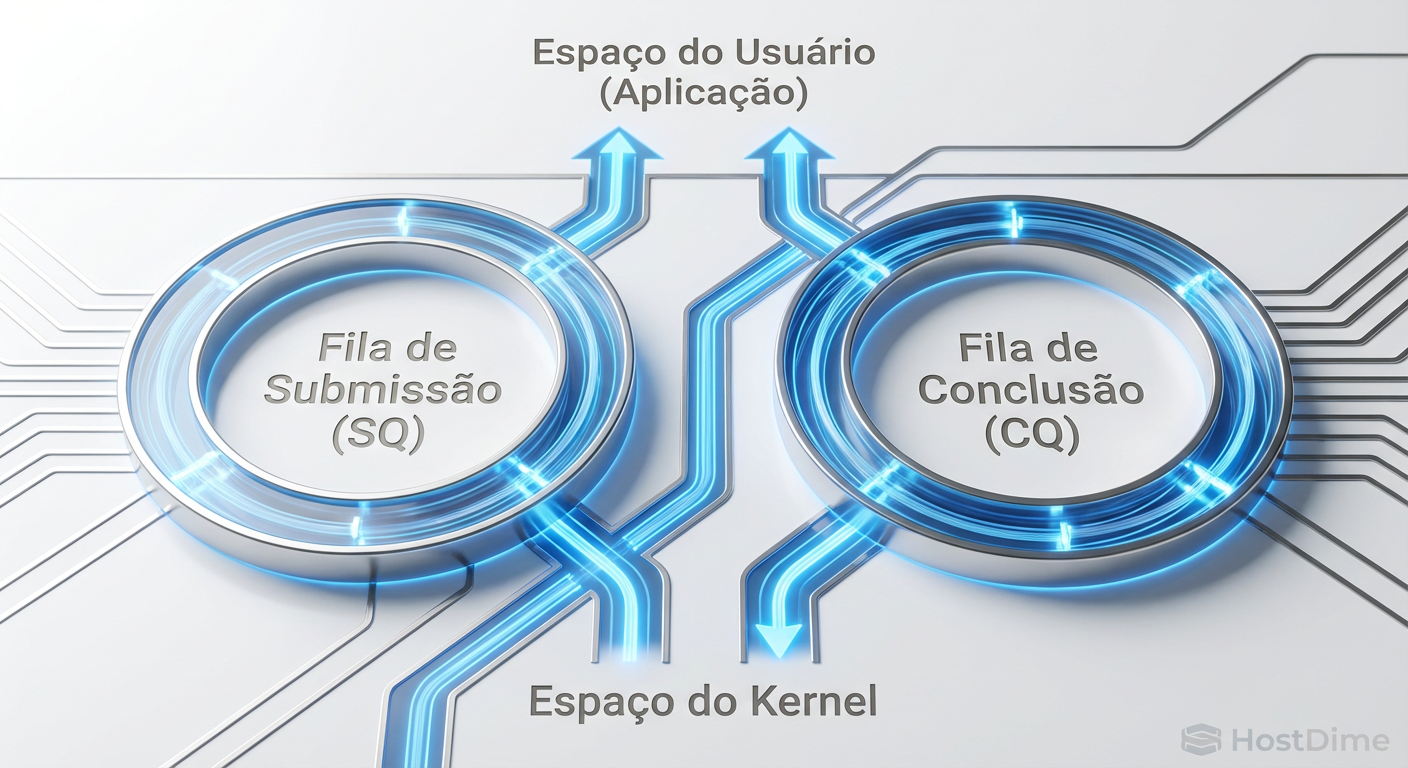 Arquitetura de Ring Buffers do io_uring: Comunicação sem barreiras entre Aplicação e Kernel.