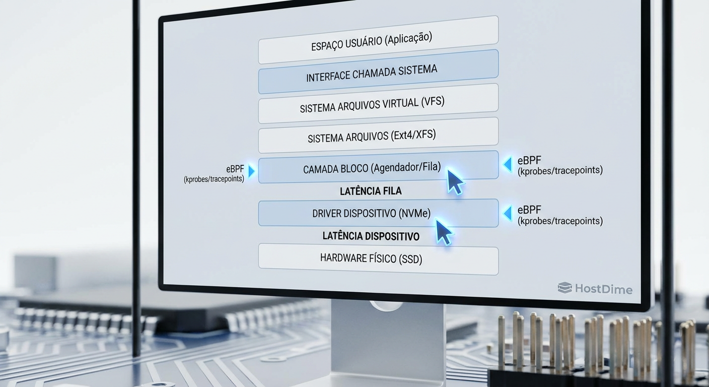 Anatomia da observabilidade: Onde o eBPF se conecta na pilha de I/O do Linux para diferenciar tempo de fila de tempo de hardware.