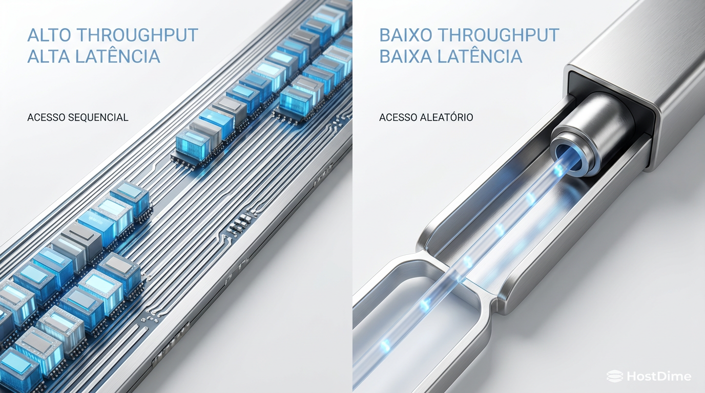 Comparação visual: A largura da via (Throughput) versus a velocidade de tráfego individual (Latência).