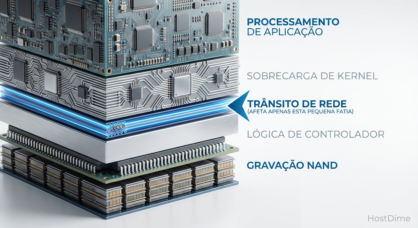 Decomposição da latência de I/O: Note como a largura de banda da rede afeta apenas uma fração ínfima do tempo total de uma transação de banco de dados.