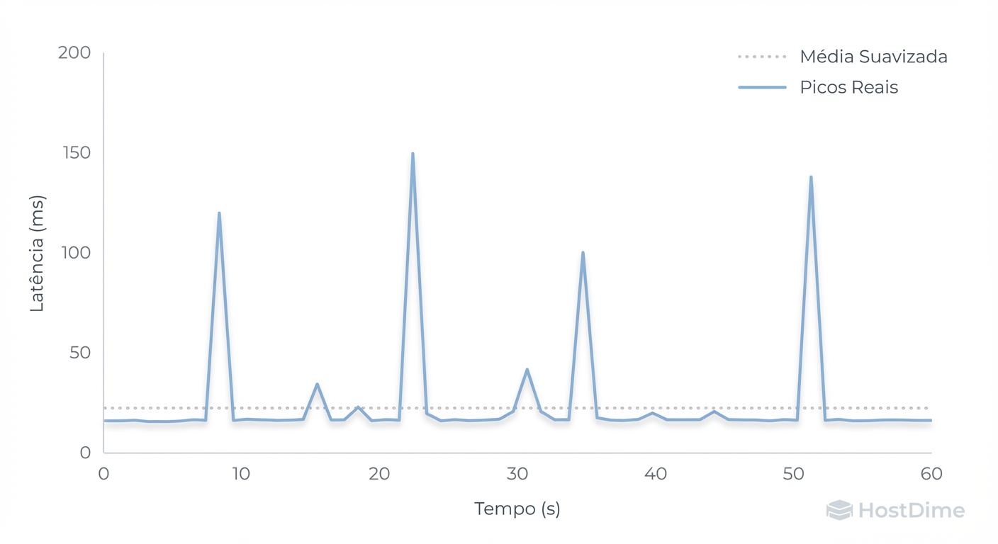 Fig. 4: Monitoramento em tempo real. Note como a média (linha pontilhada) ignora os micro-travamentos (linha azul).