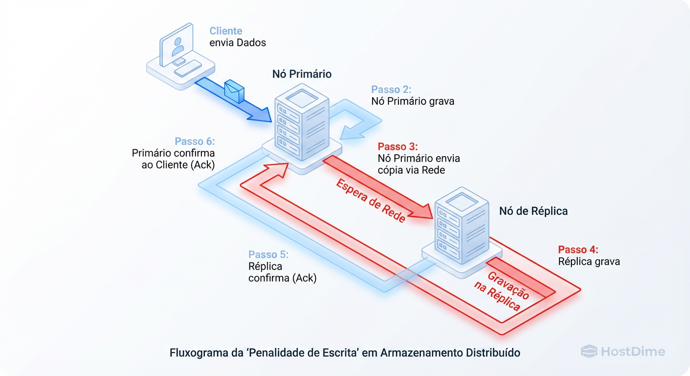 O Ciclo da Escrita Síncrona: Em storage distribuído, o banco de dados só recebe o 'OK' depois que o disco mais lento da cadeia responde.