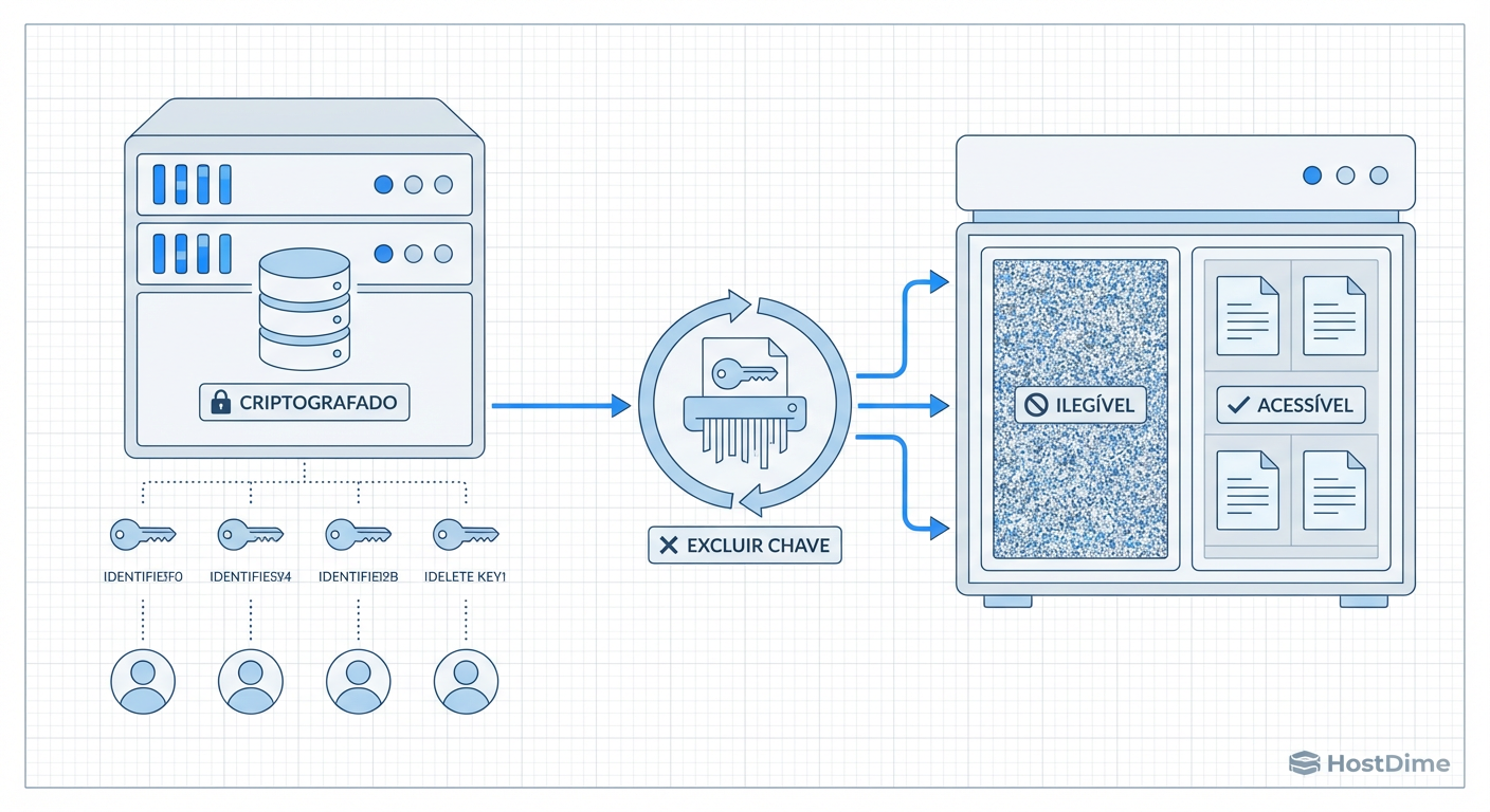 Fluxo lógico de Crypto-shredding: a eliminação da chave torna os dados irrecuperáveis sem necessidade de sobrescrita física.