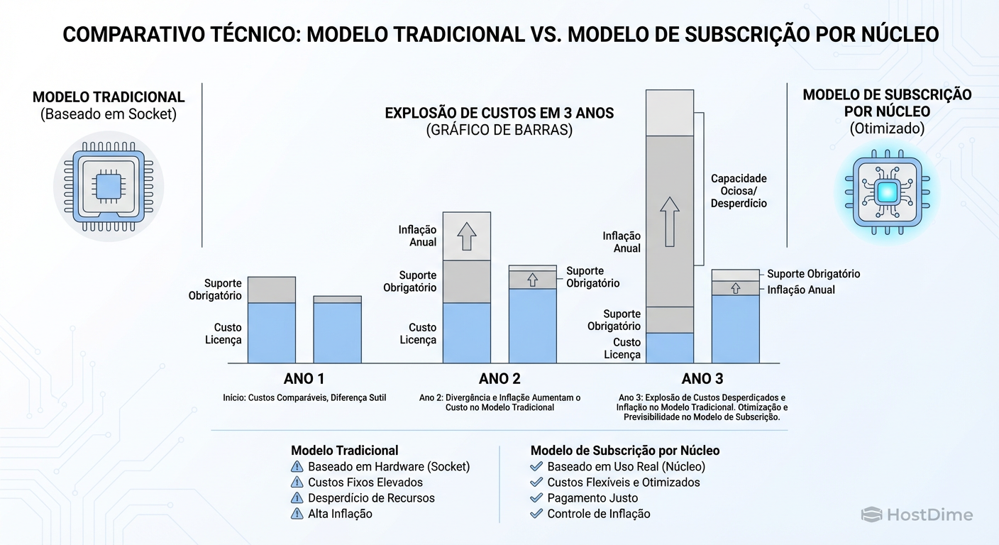 Fig. 1: Comparativo de impacto financeiro (TCO) entre modelos de licenciamento antigos e as novas tendências de mercado.