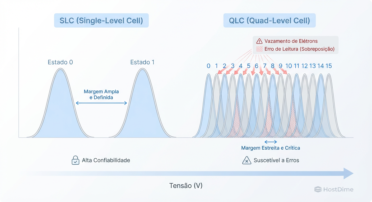 A margem de erro no SSD: Comparativo de estados de voltagem entre SLC e QLC. Note como a 'janela' para distinguir um 0 de um 1 diminui drasticamente, aumentando a necessidade de ECC.
