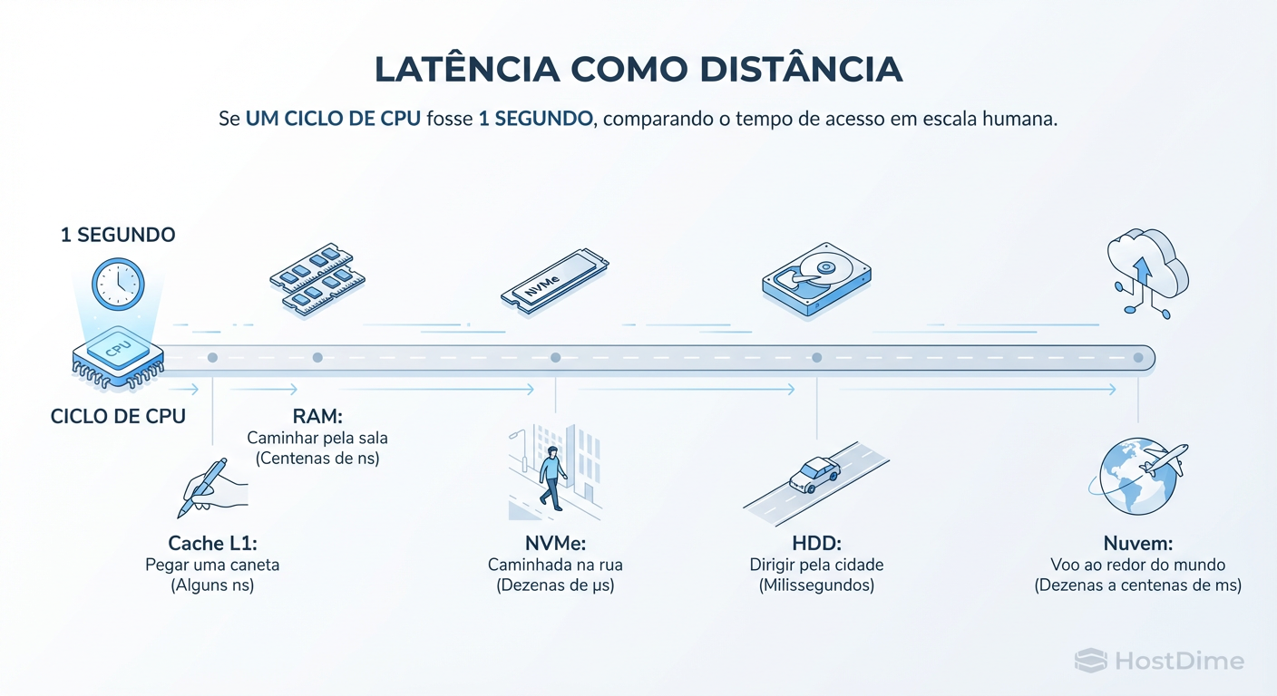 A Tirania da Luz: Se a CPU operasse na escala humana, buscar um dado no HDD seria como viajar à Lua. A física impõe latências que nenhum software pode remover.