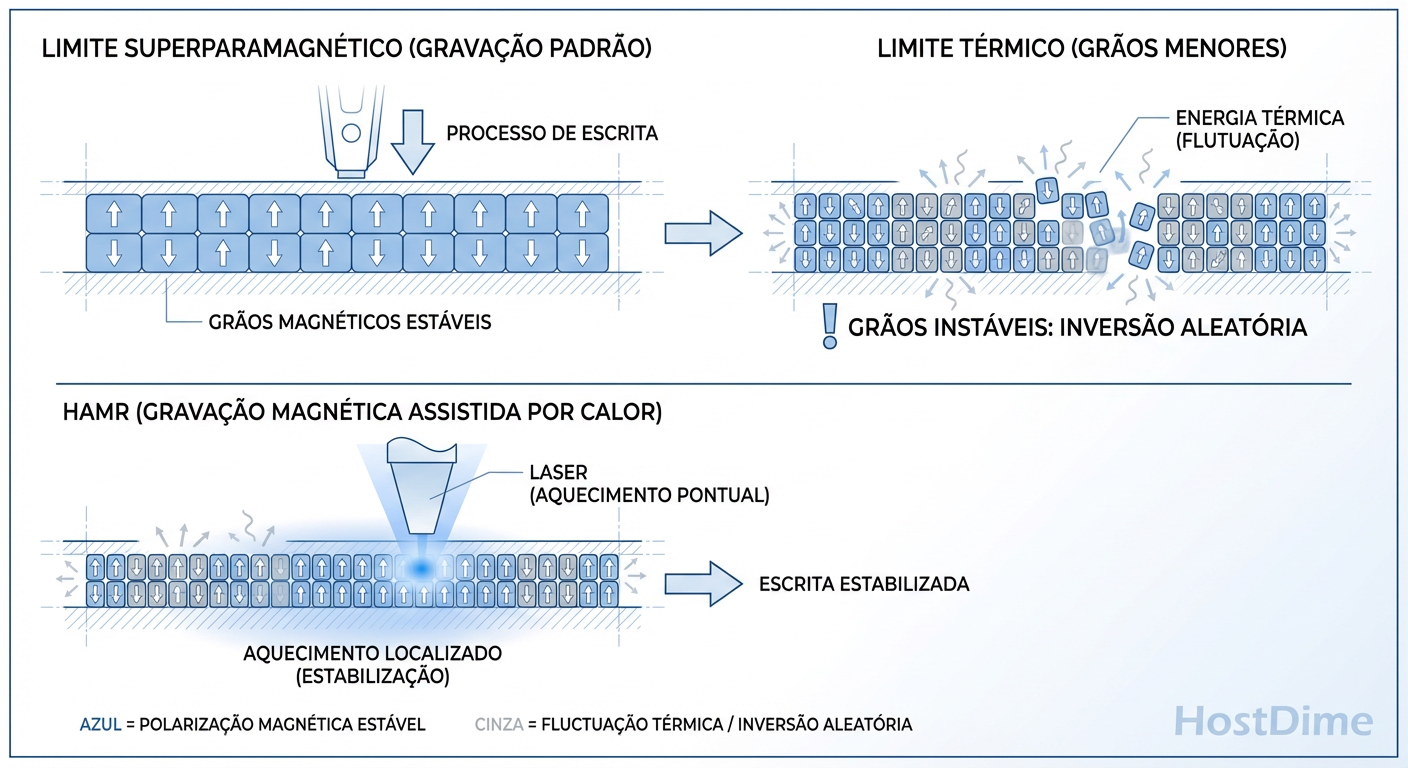 O Limite Superparamagnético: Quando os grãos magnéticos ficam pequenos demais, o calor ambiente é suficiente para inverter os bits (perda de dados), exigindo tecnologias como HAMR.