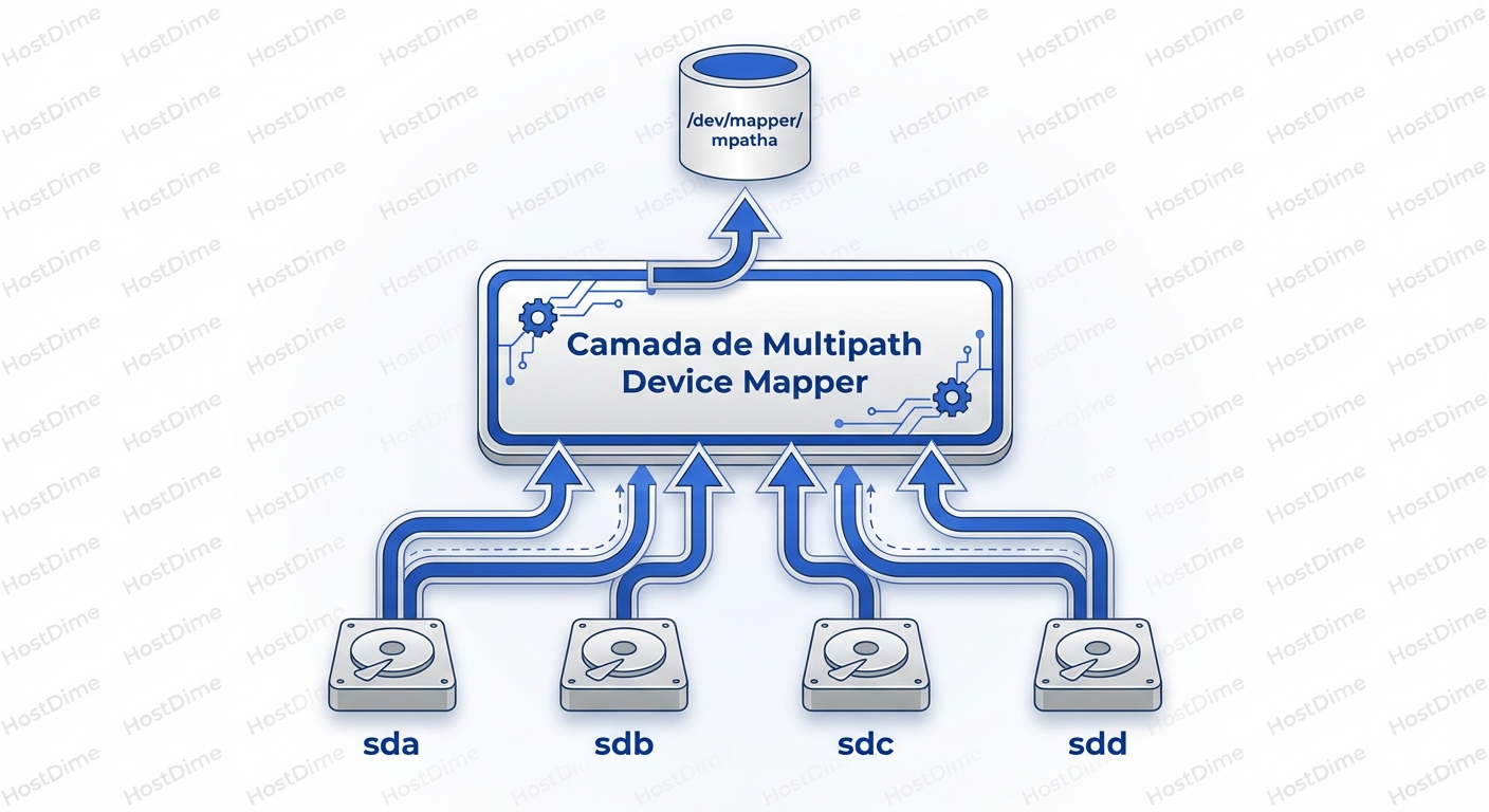 A camada de abstração do Device Mapper consolida múltiplos caminhos físicos (sd*) em um único dispositivo lógico, transparente para o sistema de arquivos.