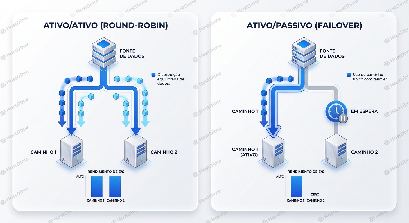 Comparativo visual entre políticas de distribuição de I/O: balanceamento de carga ativo-ativo versus redundância passiva.