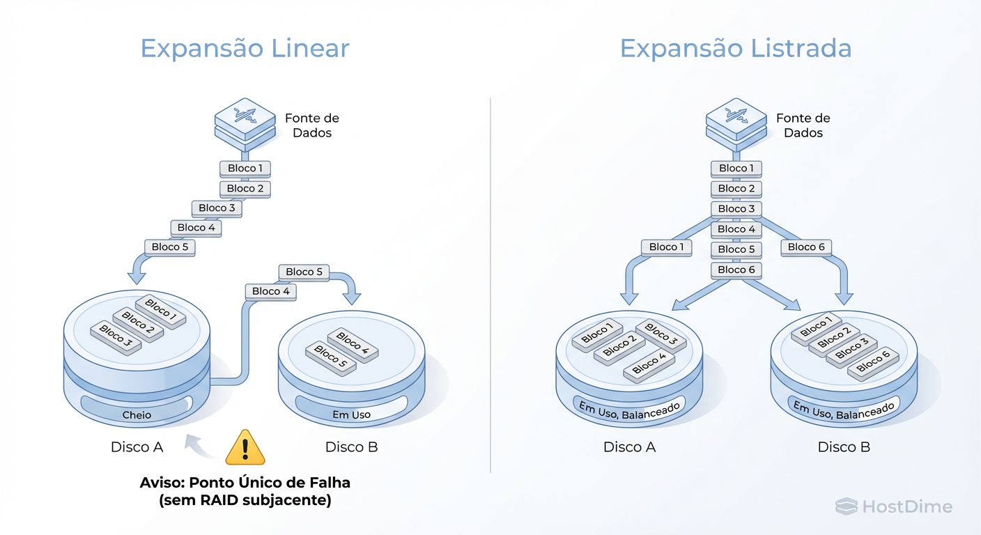 Expansão Linear vs. Striped: Simplesmente adicionar um disco (Linear) cria um volume maior, mas se um disco falhar, todo o volume lógico pode ser corrompido.