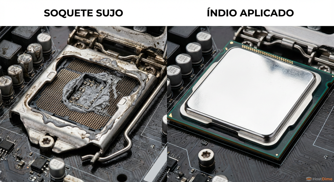 Esquerda: O desastre da pasta térmica comum. Direita: A aplicação correta de folha de Índio.