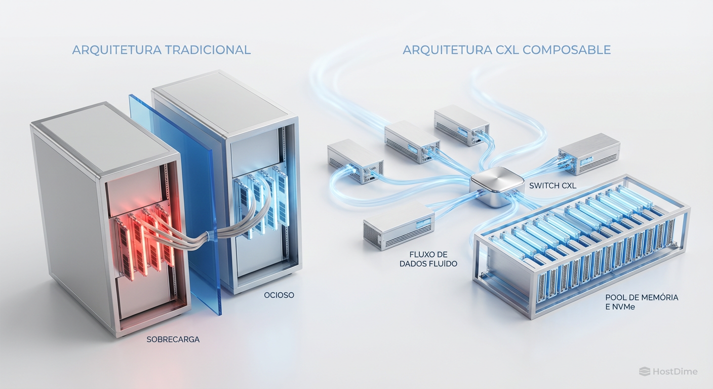 Comparativo visual: À esquerda, a arquitetura tradicional com memória presa ao servidor. À direita, o modelo CXL com memória compartilhada via switch.