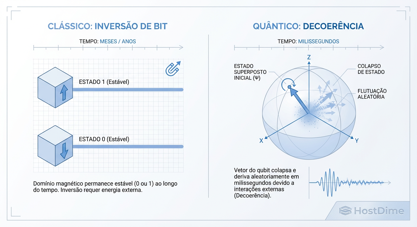 Decoerência Quântica vs. Estabilidade Magnética: Enquanto um bit no HD dura anos, um estado quântico luta para sobreviver milissegundos.