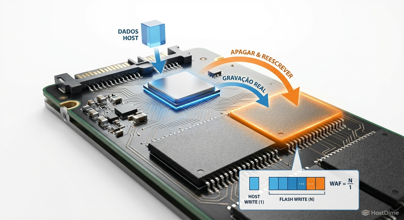Diagrama ilustrando o processo de amplificação de escrita (WAF) no nível da célula NAND.