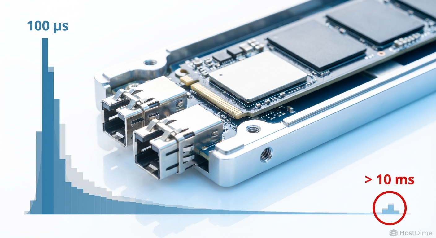 Histograma de distribuição de latência destacando o perigo da latência de cauda (p99.99).