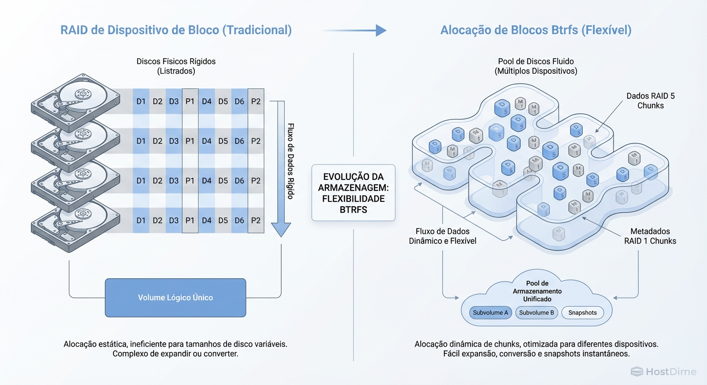 Diferença visual: O Btrfs opera no nível de 'Chunks', permitindo que diferentes perfis RAID coexistam nos mesmos discos físicos durante a migração.